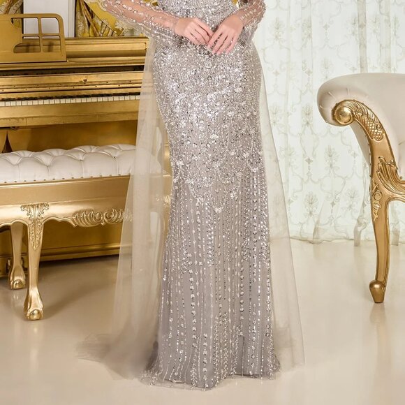 New Dark Silver Rhinestones Embellished Mother Of Bride Mesh Dress GL3705 - Picture 11 of 16